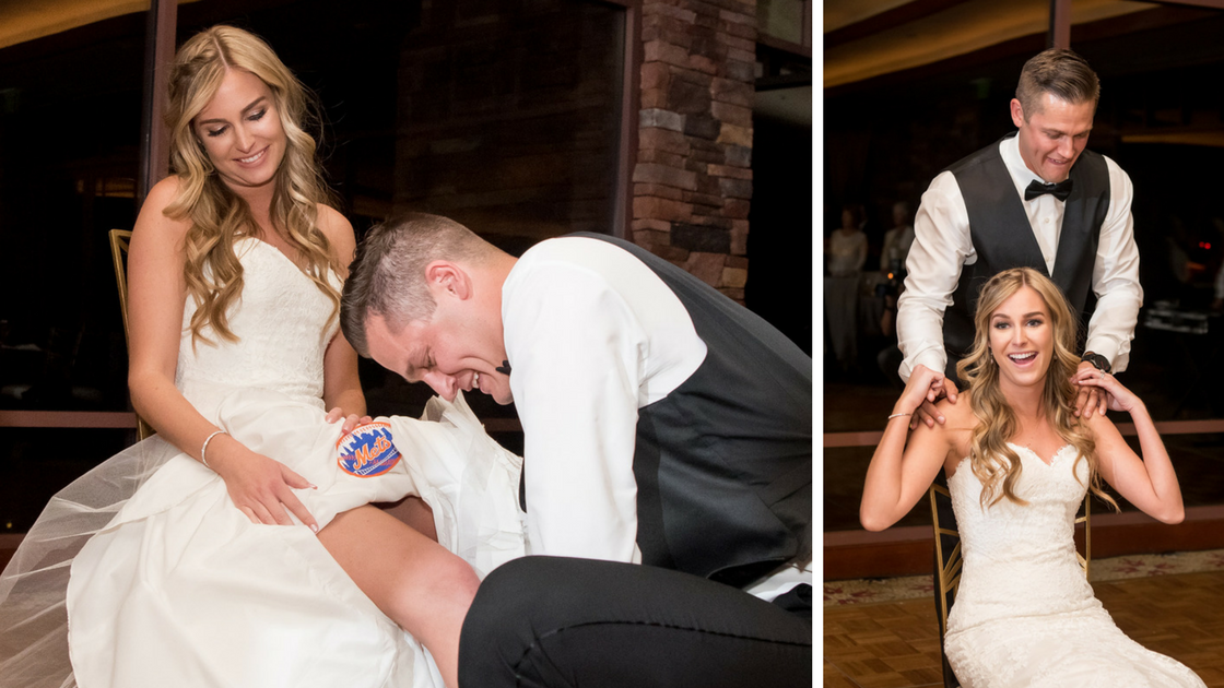 groom finds met patch for his baseball team on garter during reception. 