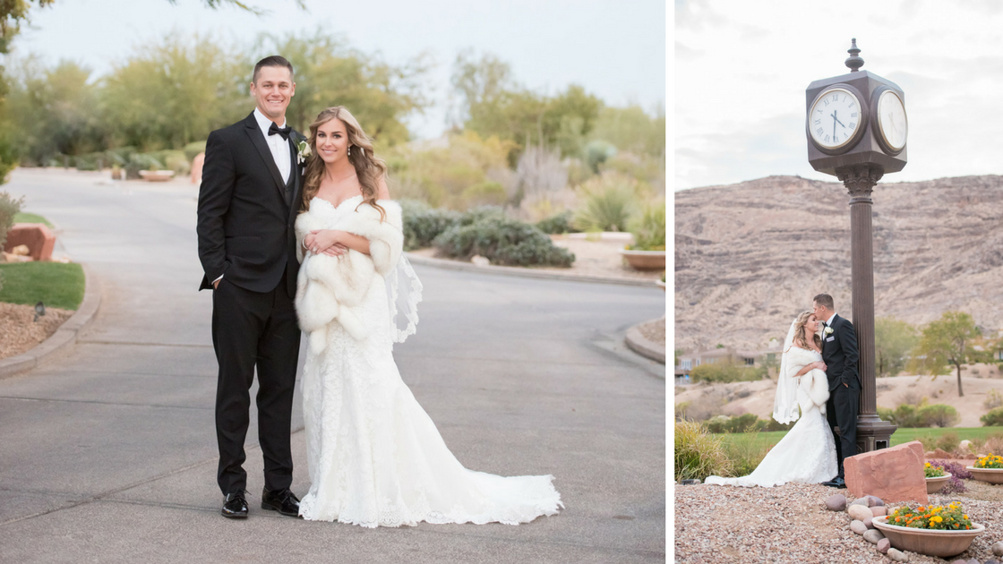 bride and groom pose for portraits immediately after intimate ceremony.