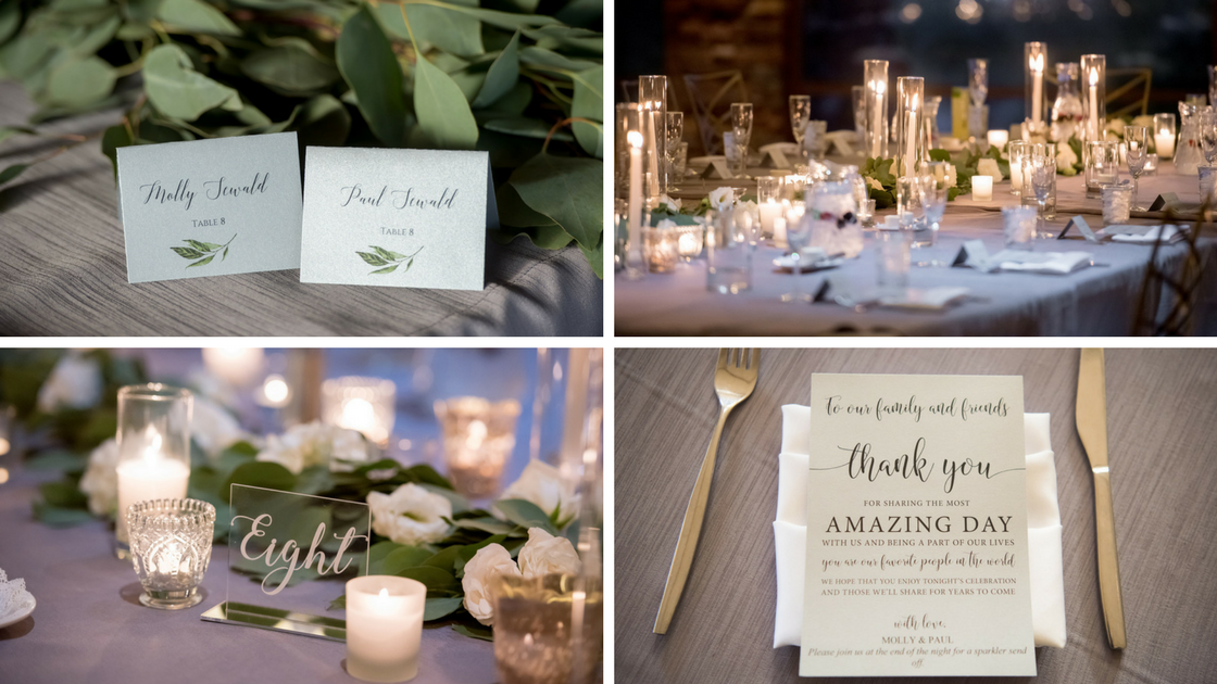 evening reception details with white candles, fresh white blooms, gold silverware, and all the crystal glass votives.