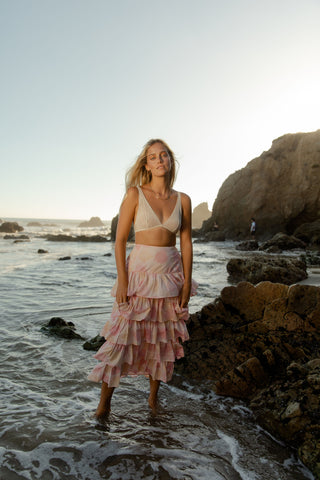 Ruffled skirt dyed with avocados eco friendly fashion feminine power