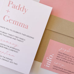 Pink, kraft and white invitation suite