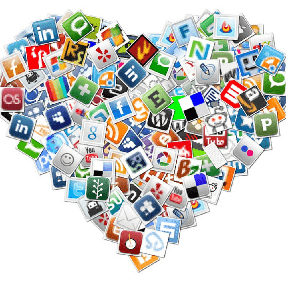 Countless social media logos bunched up in the shape of a heart.