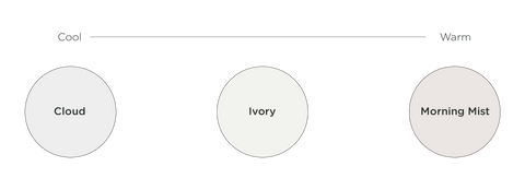 Morning Mist Ivory and Cloud Colour Comparison chart from cool to warm with Morning Mist being the warmest and Ivory being in the middle.