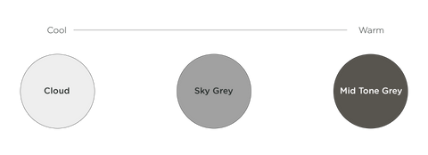 Colour comparison between Cloud, Sky Grey and Mid Tone Grey with Cloud being the coolest tone out of the three and mid tone grey being the warmest.