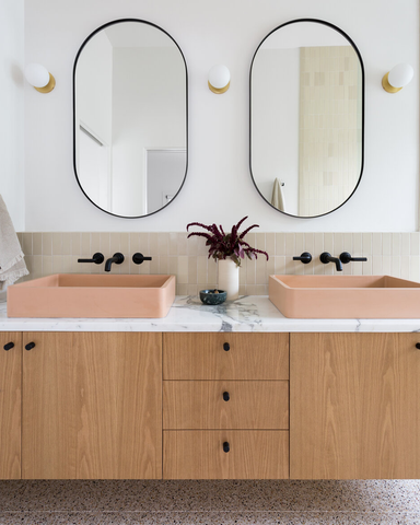 Somers Project by design duo Hive La Home featuring Vesl Rectangle basins in Blush Pink.