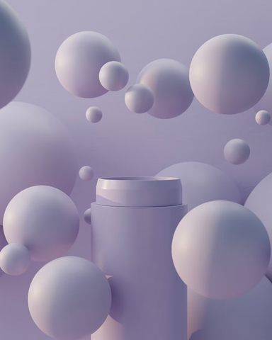 A lilac-colored cylinder with a matching lilac basin on top, surrounded by a scattering of lilac-coloured bubbles, creating a whimsical and visually pleasing composition.