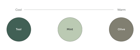 Comparison graphic between Teal, Mint and Olive on a scale from cool to warm. Olive being the warmest and Teal being the coolest.