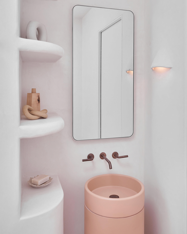 Lowe Interiors The Cross Project bathroom featuring Bowl Cylinder in Blush Pink (no tray).