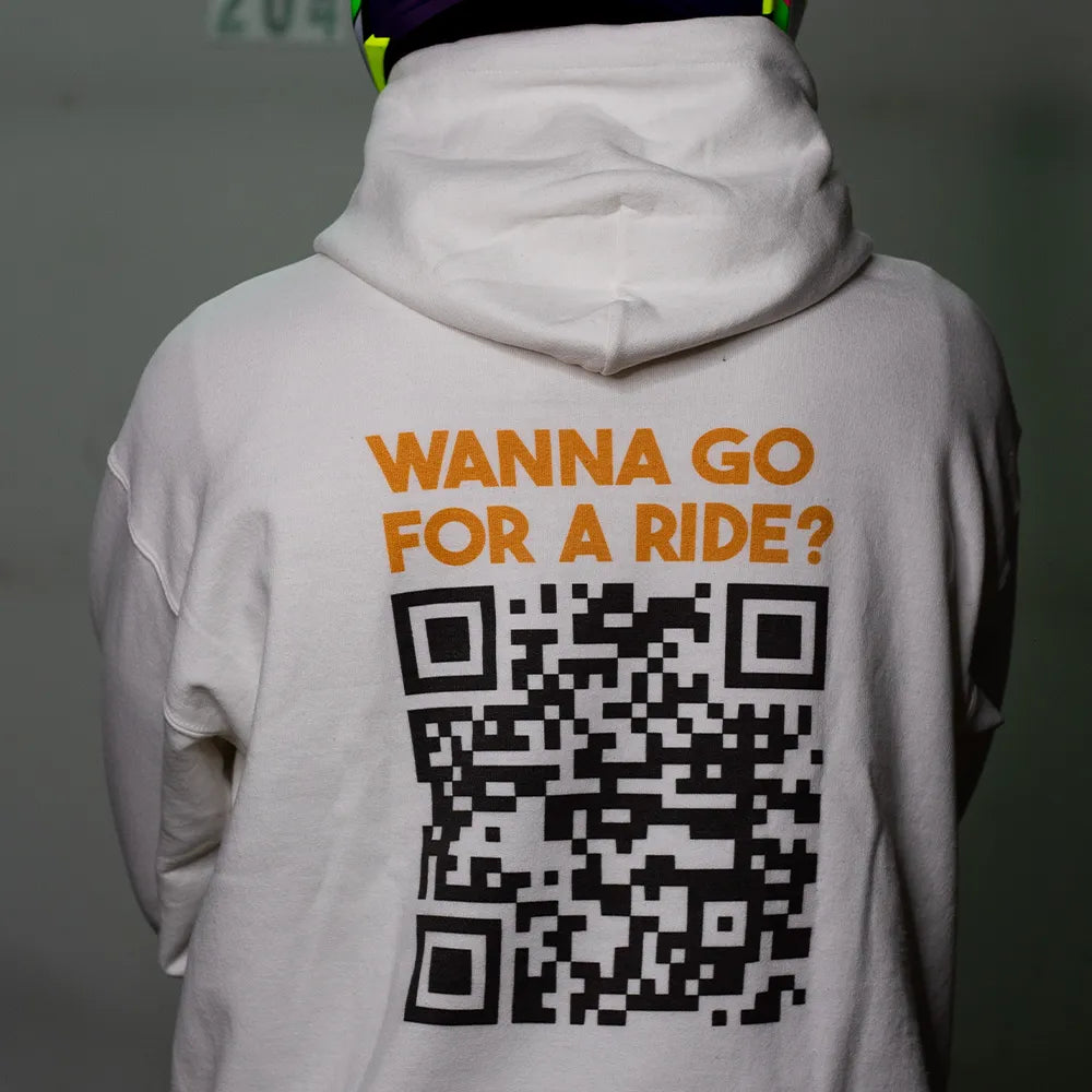 Wanna go for a ride QR code white hoodie, the best way to meet other motocross riders