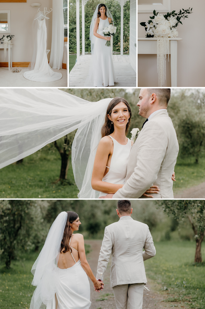 Bride wearing high neck fit-n-flare wedding dress with groom.