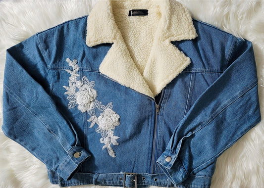 Pearl-Embellished Floral Mustard Denim Jacket