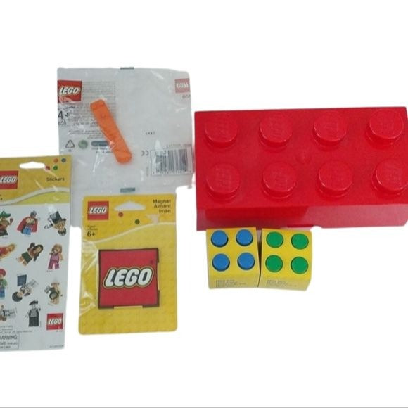 Lego Desk Set: 2x4 Red Box, 2 Mini  Boxes, Separator, Magnet + Minifig Stickers