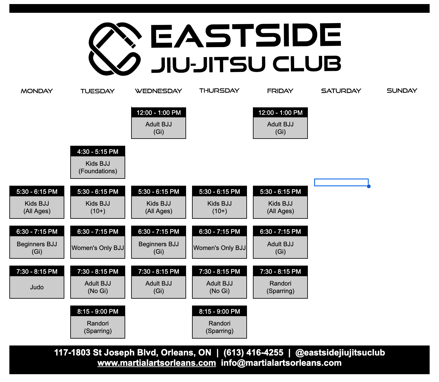 Eastside Jiu-Jitsu Club Schedule - updated February 2024