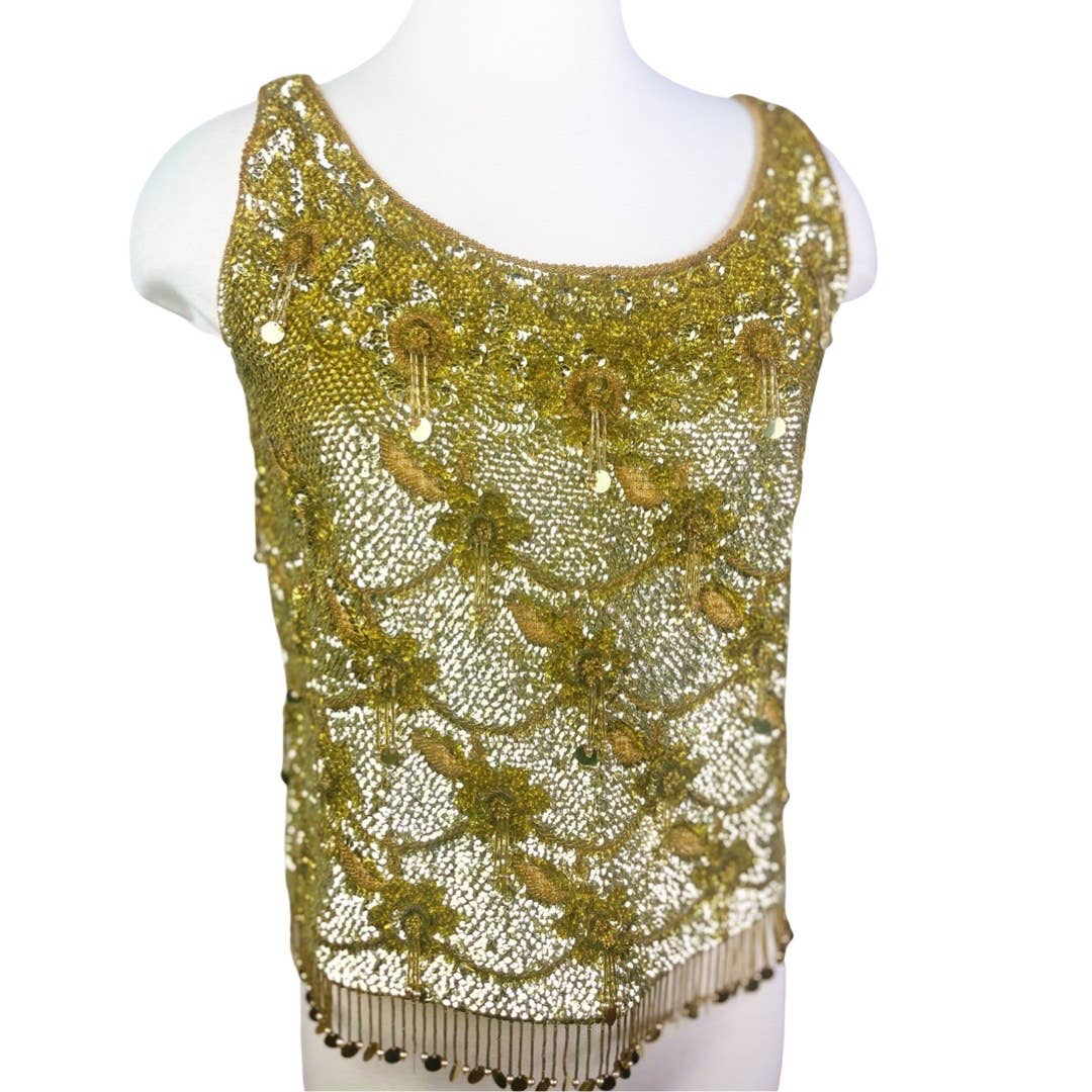 1960's Gold Fully Sequined and Beaded Sleeveless Knit Camisole Sweater Top