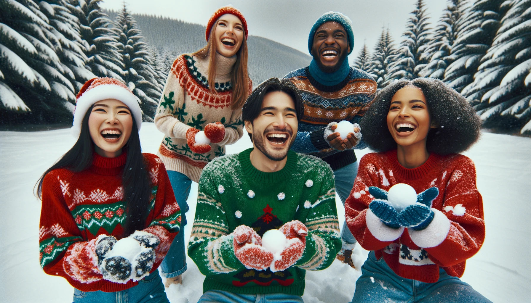 Having fun in the snow with our ugly Christmas Sweaters