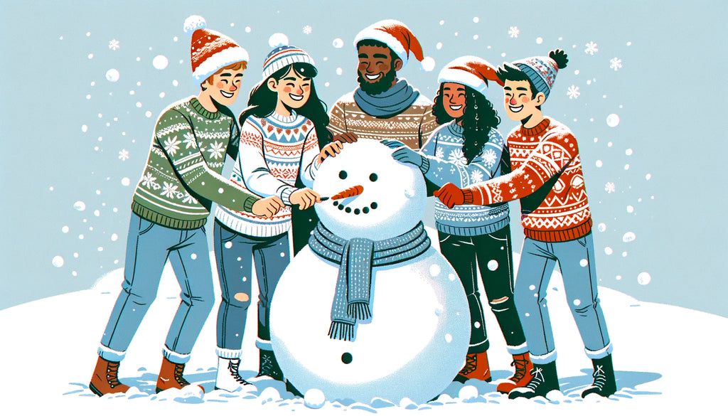 five friends against a snowy backdrop with horrible Xmas Sweaters