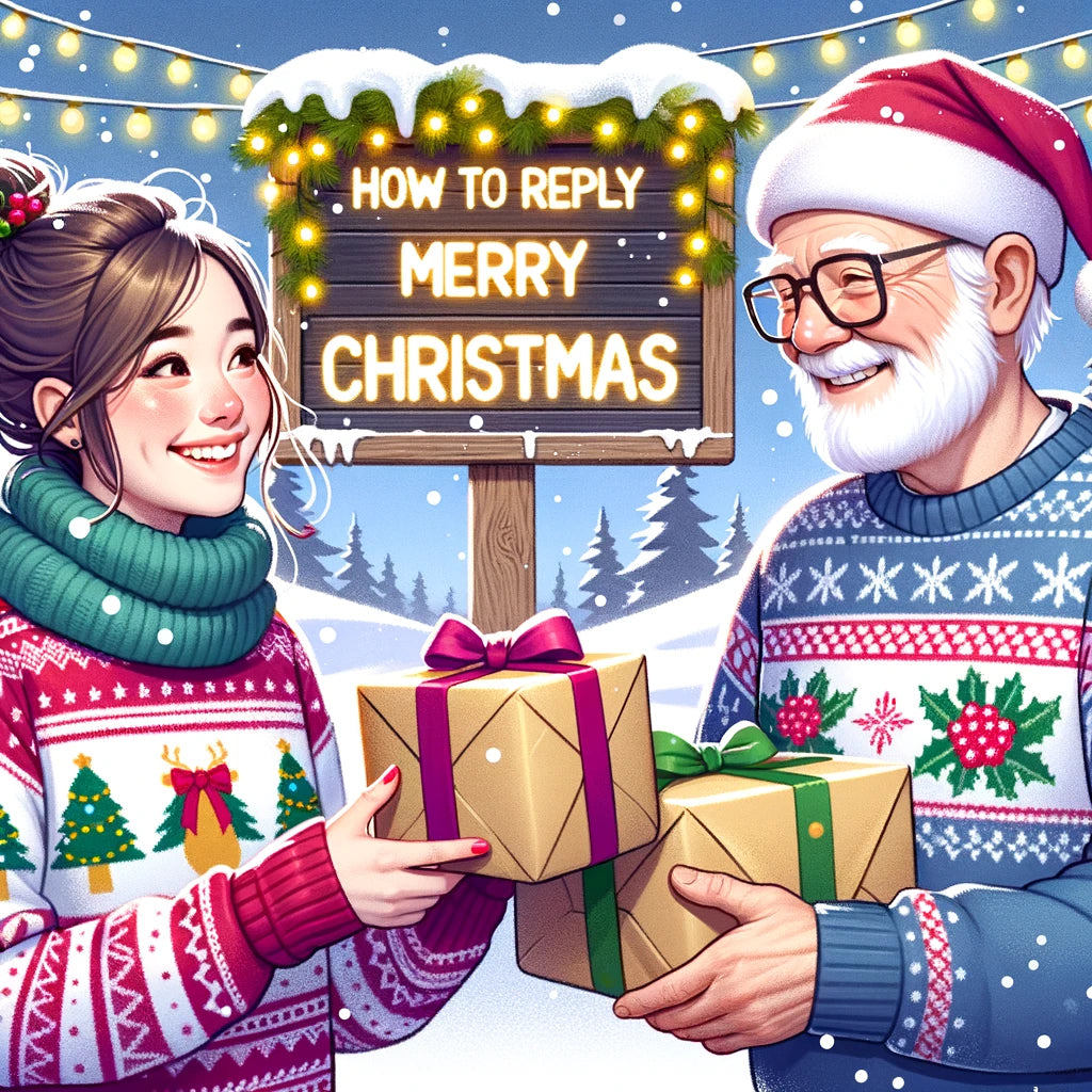 young woman and an elderly man both wearing colorful Christmas sweaters