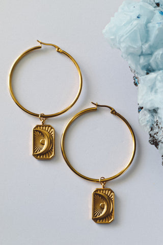celestial jewelry, celestial jewellery, gold hoop earrings with crescent moon charm