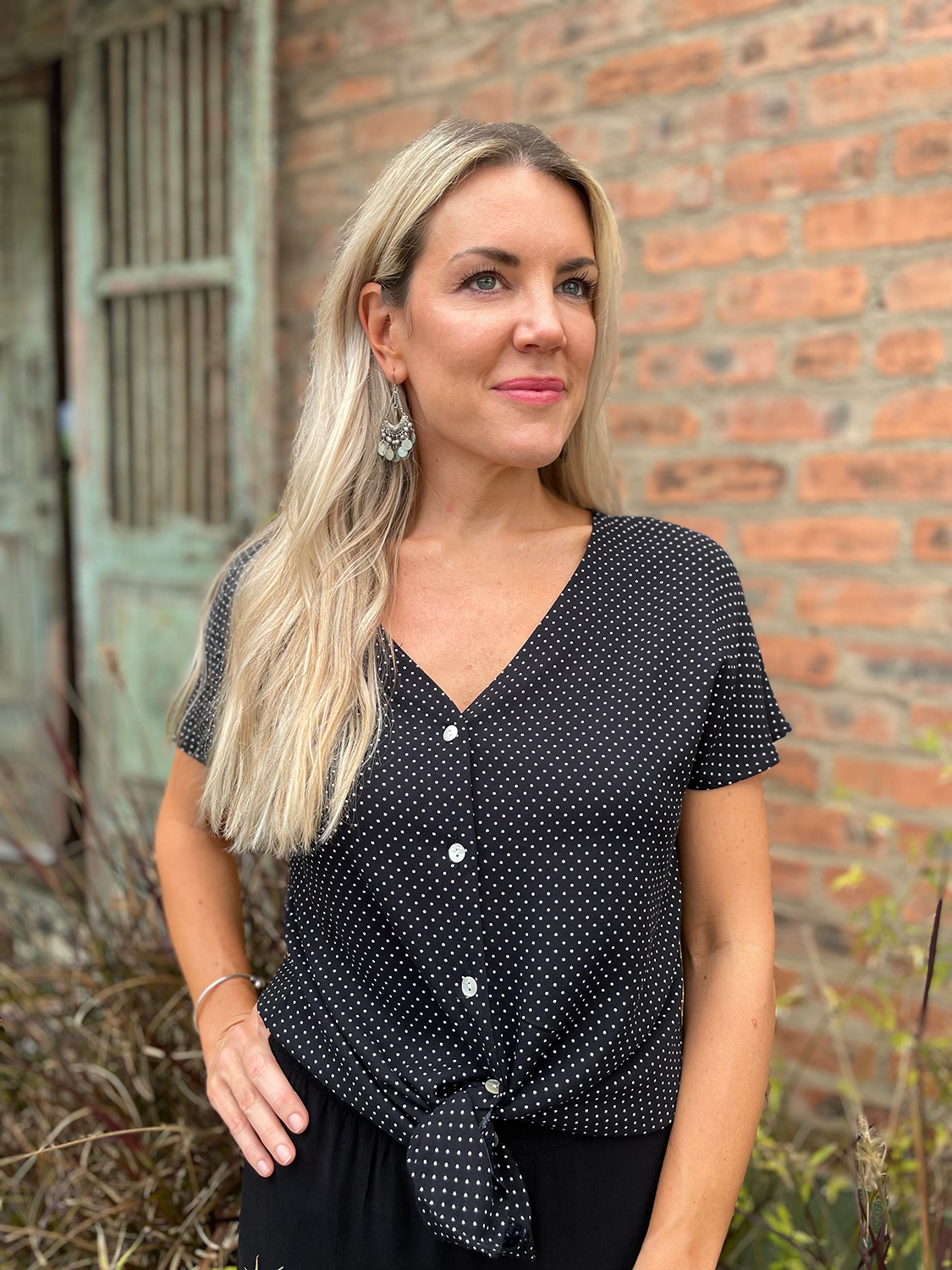 S/S Blouse with Buttons - Black Mini Polka Dot