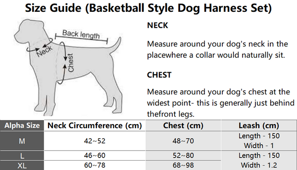 Size Guide of Sporty Basketball Style Dog Harness and Leash Set Adjustable Harness with Handle for Medium, Large Dogs No Pull