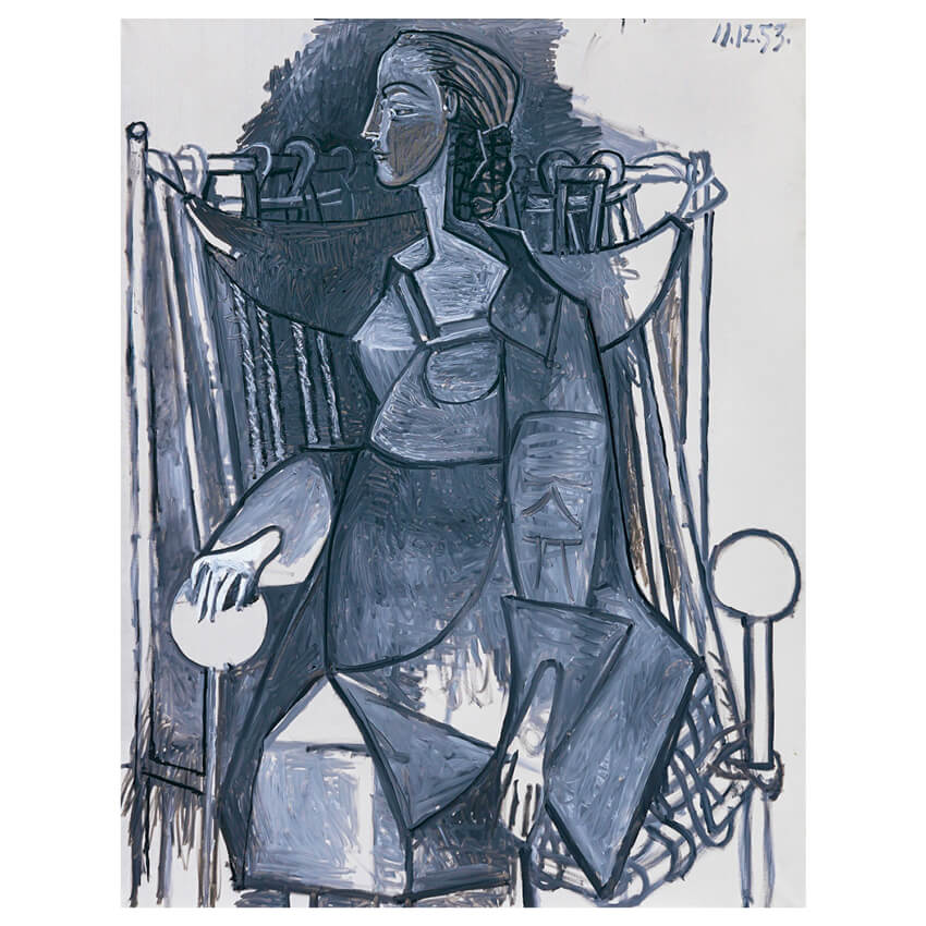 Woman Seated in a Woven Armchair in Gray (Françoise) 1953