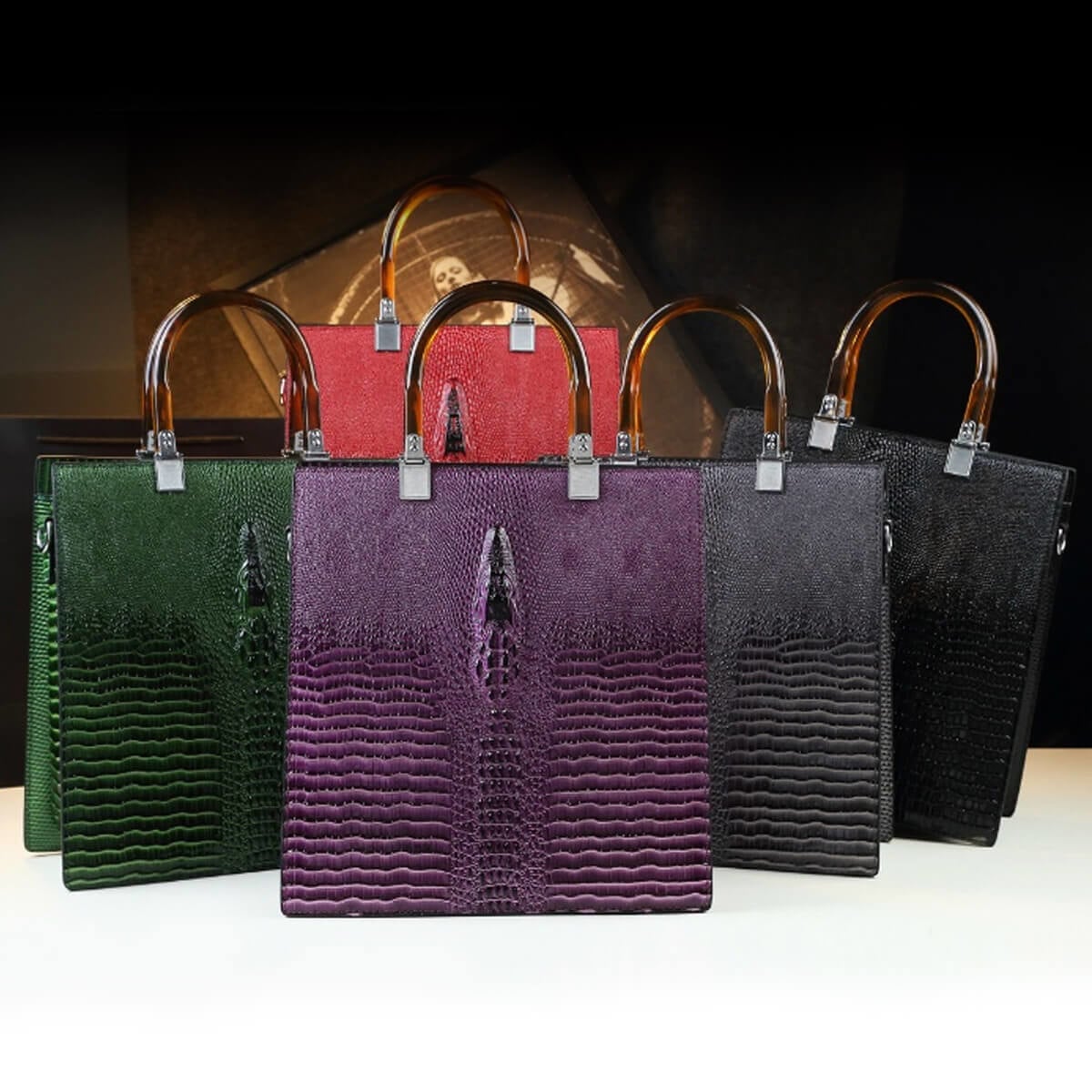 Women Purple Croc-Skin Patterned Tote Bag