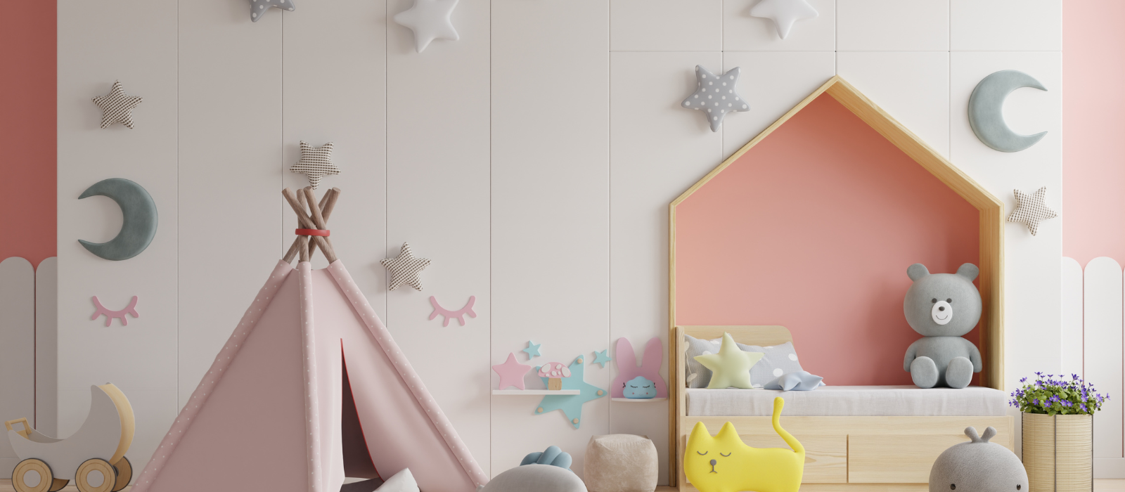 Geometric shapes can be used to add an fun element to a space such as hexagon shapes in a kids room.