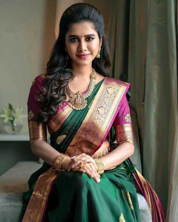 Kanchipuram classic Green Soft Silk Sari With Blouse