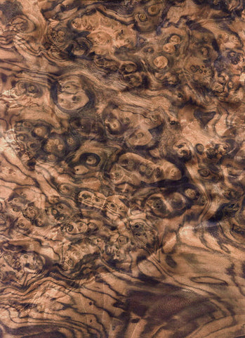 A close up of highly polished walnut burr or burl, and the patterns created in the wood