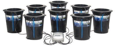 8-bucket deep water culture (DWC) hydroponic grow room system.