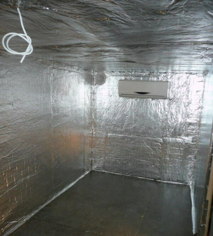 Indoor grow room walls lined with reflective mylar.