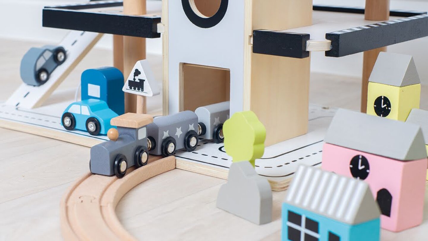 Wooden-Train-Set-With-Parking-Garage