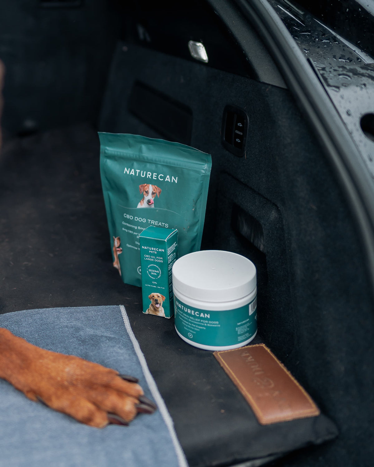 Our CBD Dog Range in the boot of a car with Dog