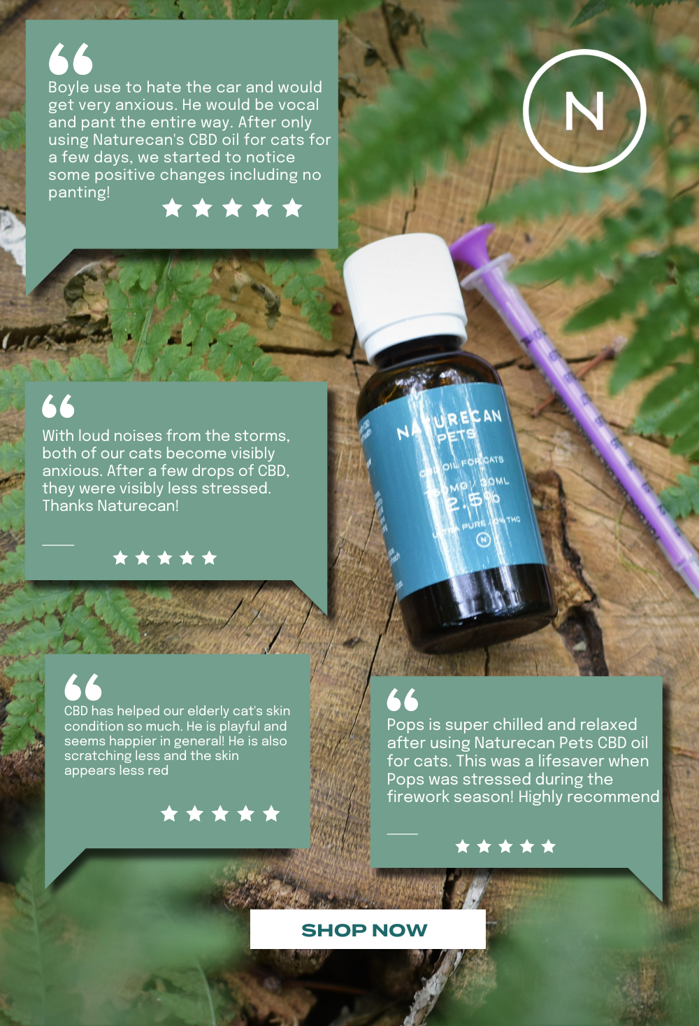 2.5% CBD Oil on a log with 5 star reviews 