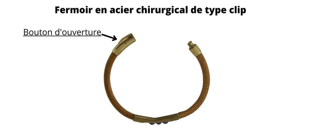 Fermoir clip en acier chirurgical et bracelet cuir et titane ∣ Bijoux Titane France® 