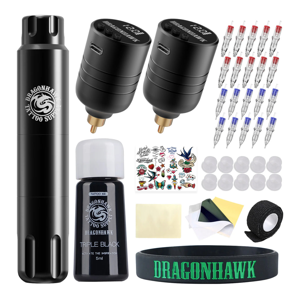 DRAGONHAWK Wireless Tattoo Machine Beginner Complete Kit Rotary Pen 50Pcs  Cartridges Needles Color Inks Battery Power Supply 375DC