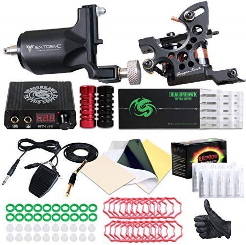 Dragonhawk Extreme Tattoo Kit Pro Tattoo Machines Rotary Machine Coil Gun  Power Supply Disposable Needles Tip Foot Pedal EUYMX102  lagearcomar