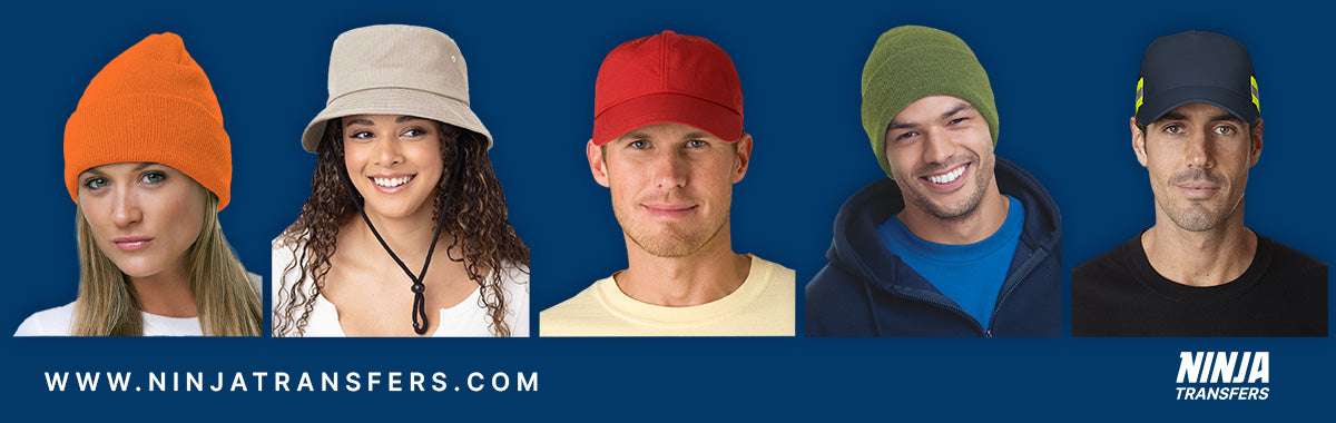 Collage of people wearing different types of hats. These should be a broad mix of classic hats, and women's hats, as well as some of the typical blank apparel kind of hats