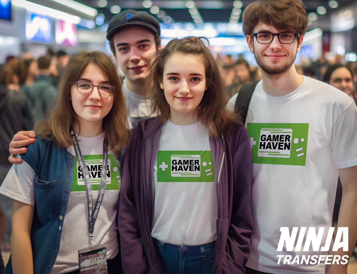 Group shot of gamers at a convention together, with matching shirts