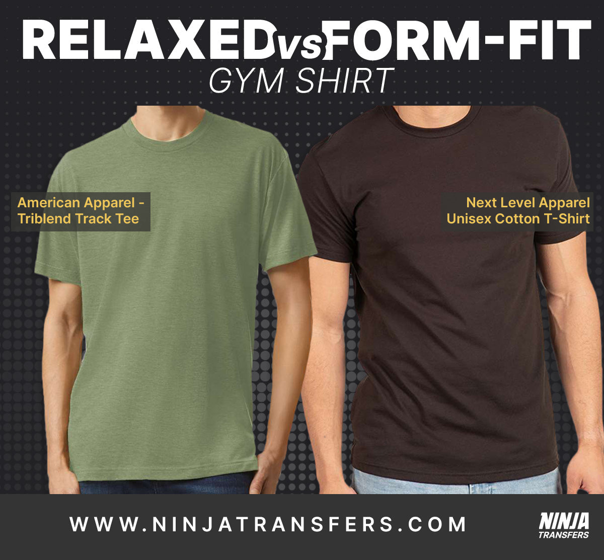 Photo of two models: One wearing a form-fitting performance gym shirt, the other wearing a relaxed fit cotton gym shirt