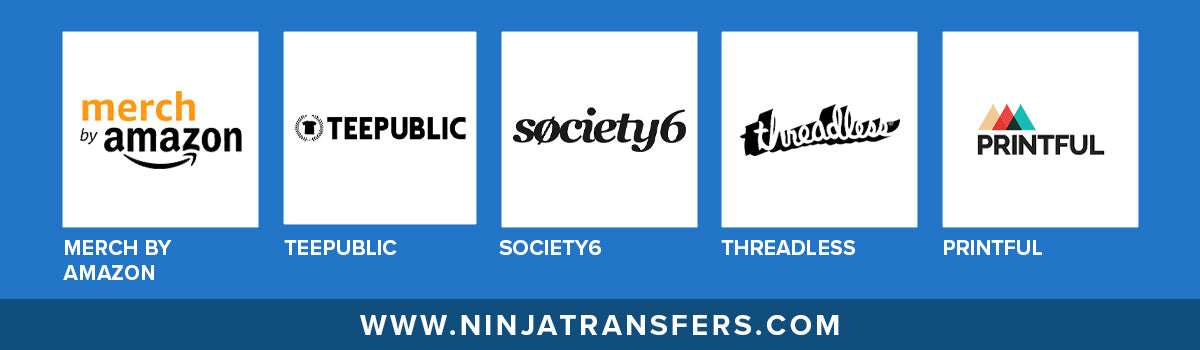 The 5 logos of the top existing t-shirt selling platforms.