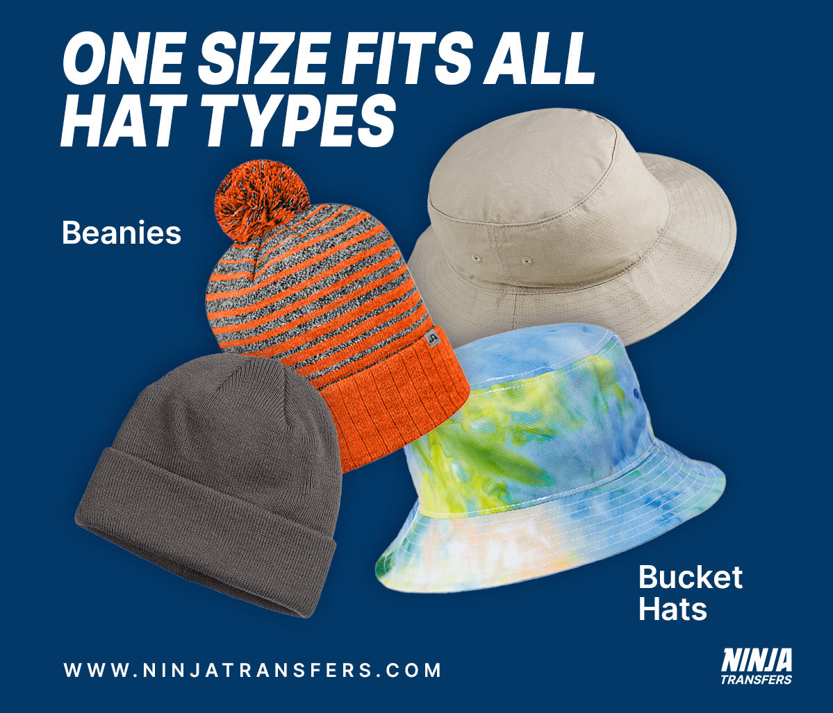 Infographic showing one-size-fits-alls. Probably 2 beanies and two buckets