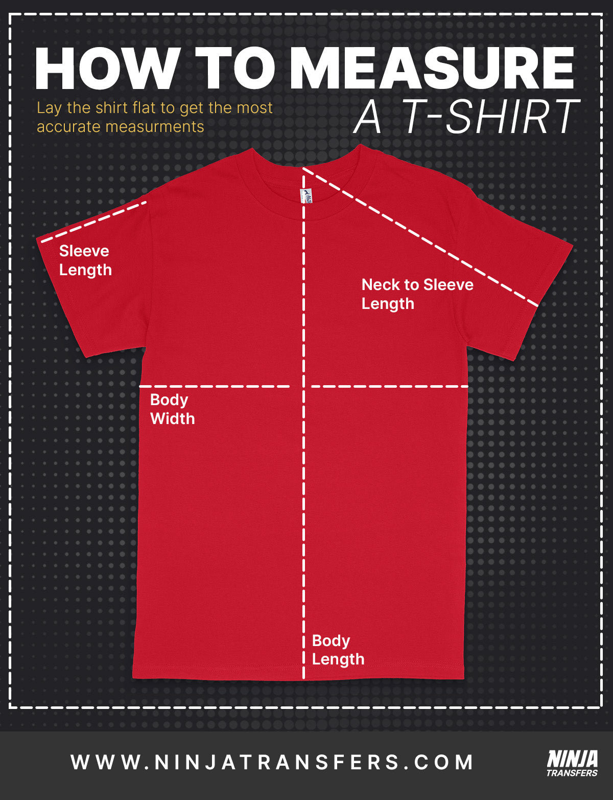 Diagram showing how to measure a unisex shirt.