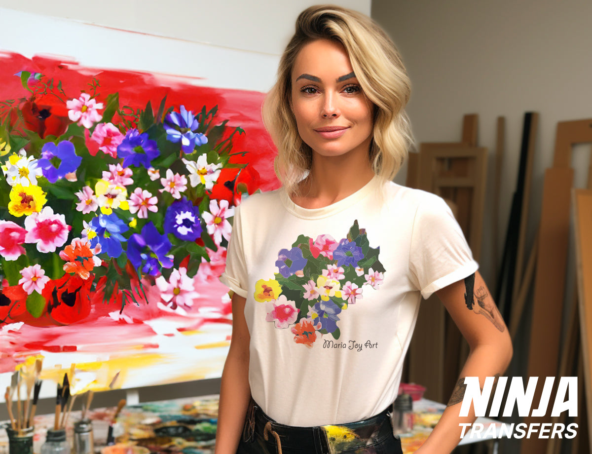 showcasing an original t-shirt design – an artist proudly sporting her work.