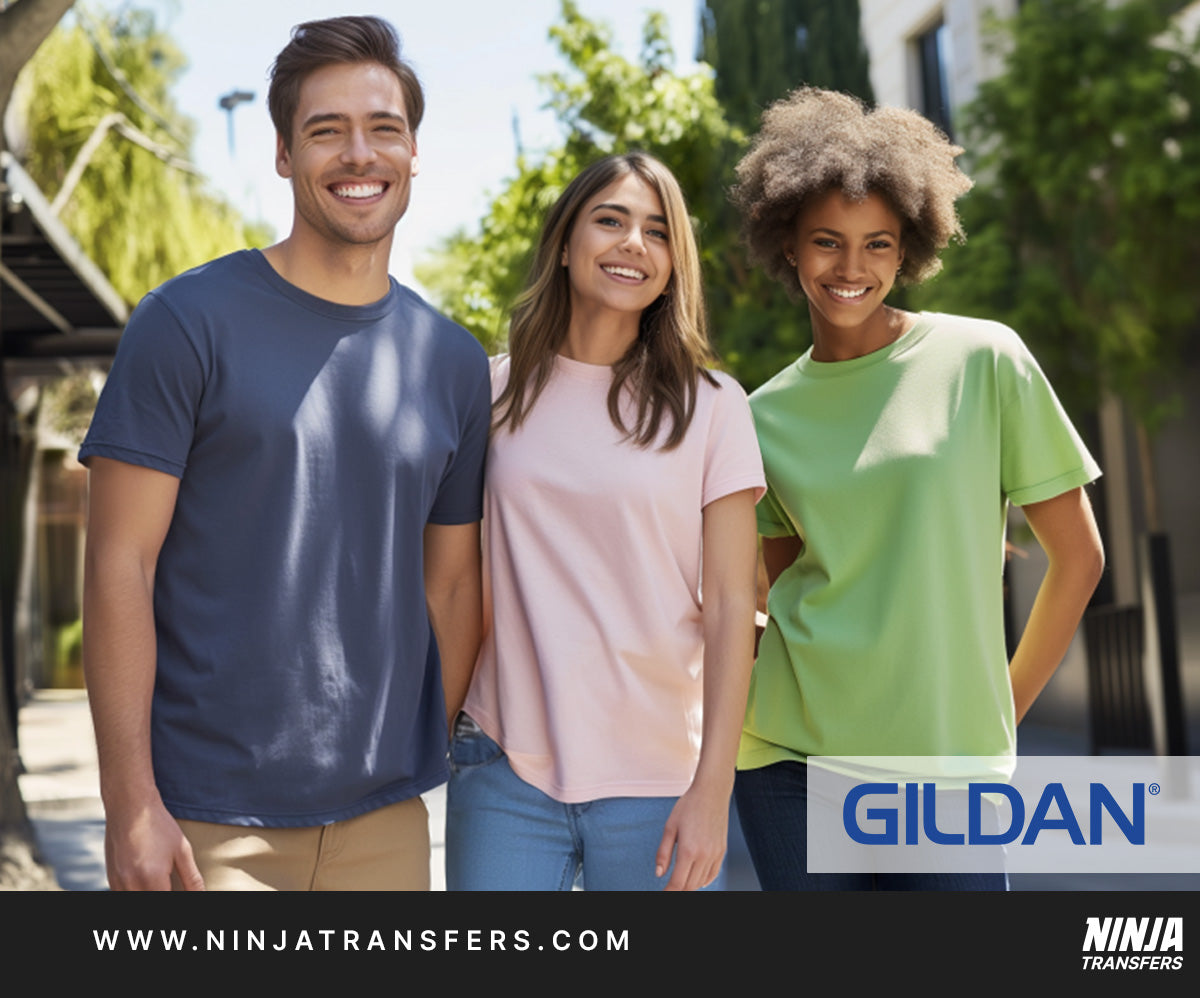 Promotional style image from Gildan of a group of models, plus the company logo