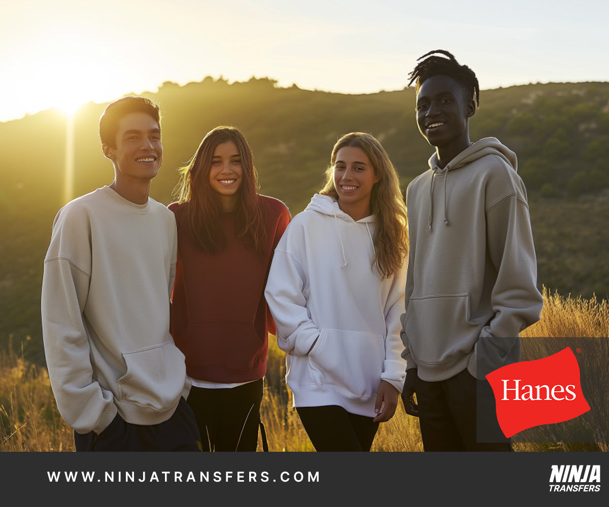 promotional style image from Hanes of a group of models, plus the company logo