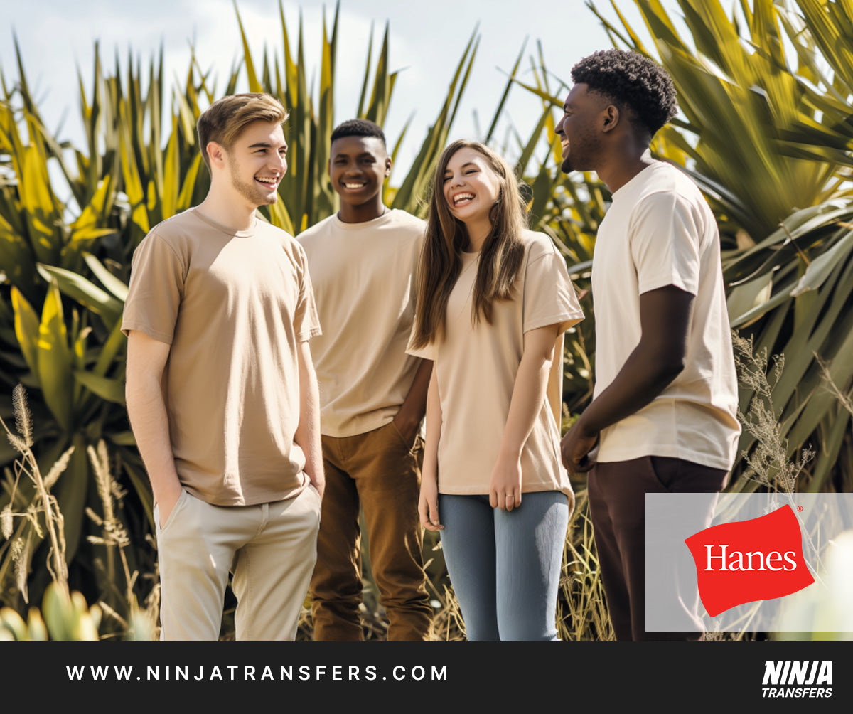 promotional style image from Hanes of a group of models, plus the company logo