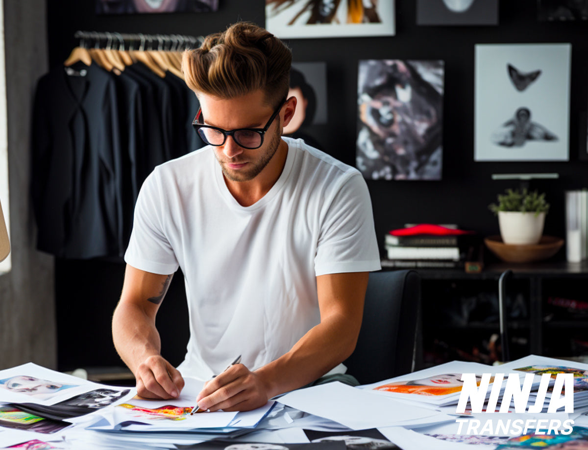 Business owner looking over various t-shirt designs laid out on a table