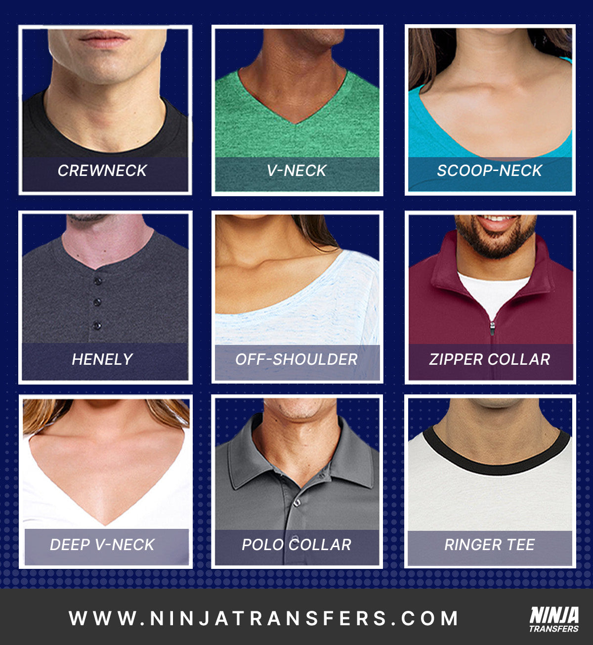Close-up image of different collar styles