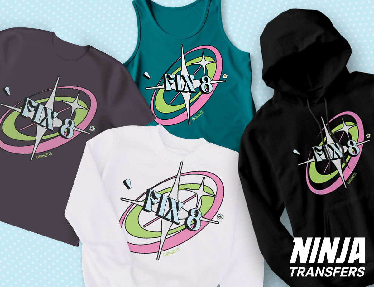 Various products displayed (hoodie, t-shirt, long sleeve, tank), each with the same design